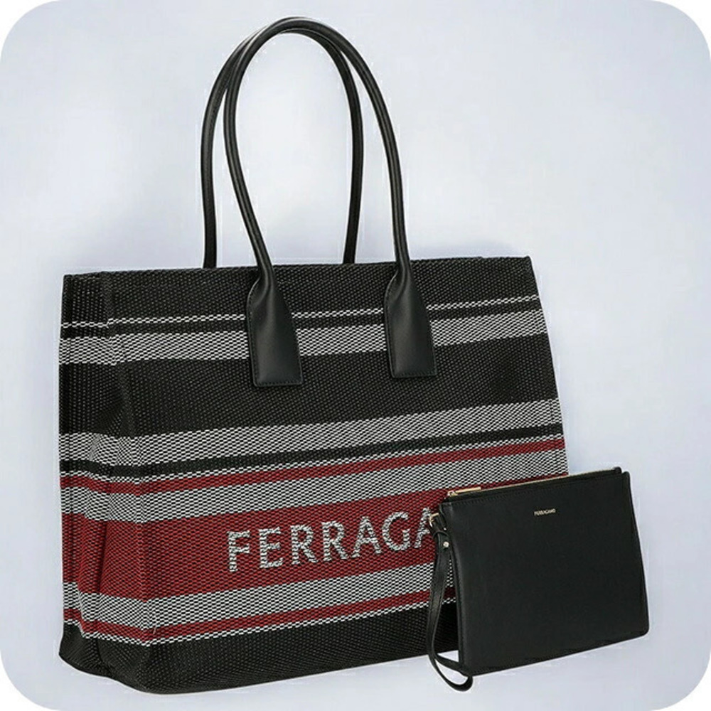 Salvatore Ferragamo Logo Stripe Canvas Leather Shoulder Tote Red Black